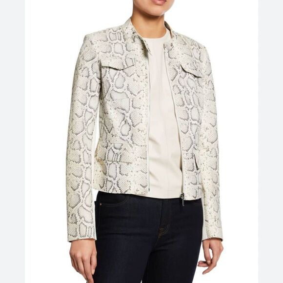 Elie Tahari Gray Cream Snake Zip Leather Jacket